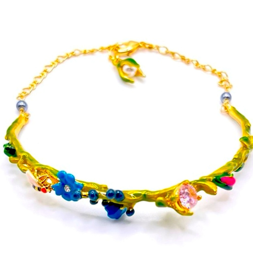 Les Nereides  Les Néréides handcrafted enamel flowers pink crystal bracelet NWOT